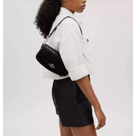 Coach Andrea Shoulder Bag In Crocodile-embossed Leather Black CT770 NWT - Picture 6 of 10